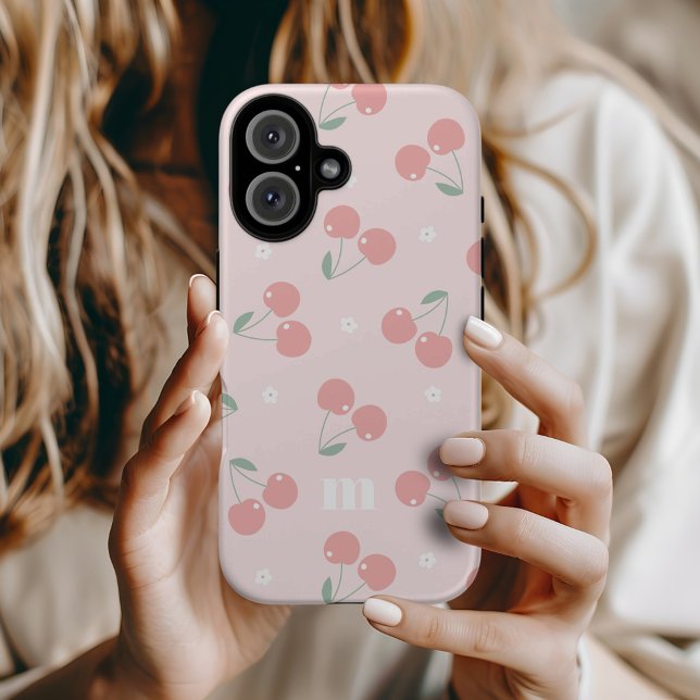 Pink Retro Cherries Custom Name Monogram iPhone 16 Case (Creator Uploaded)