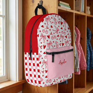 Pink Retro Cherry & Bows Checkerboard with Name Printed Backpack