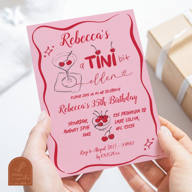 Pink Retro Cherry Tini Bit Older Adult Birthday Invitation (Creator Uploaded)