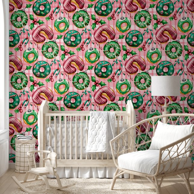 Pink Retro Christmas Doughnuts Pink Tartan Plaid Wallpaper (Kids)