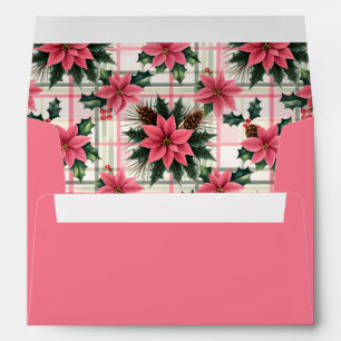 Pink Retro Christmas Floral Plaid Merry Christmas Envelope