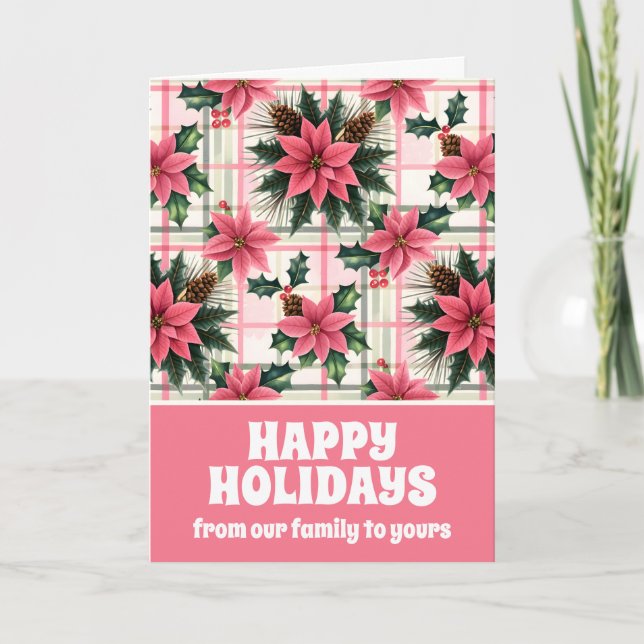 Pink Retro Christmas Floral Plaid Merry Christmas Holiday Card (Front)