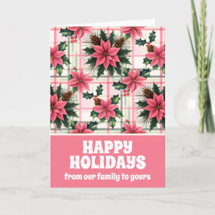 Pink Retro Christmas Floral Plaid Merry Christmas Holiday Card
