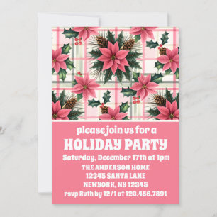 Pink Retro Christmas Floral Plaid Merry Christmas  Invitation