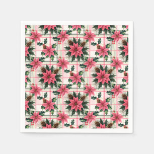 Pink Retro Christmas Floral Plaid Merry Christmas Napkin