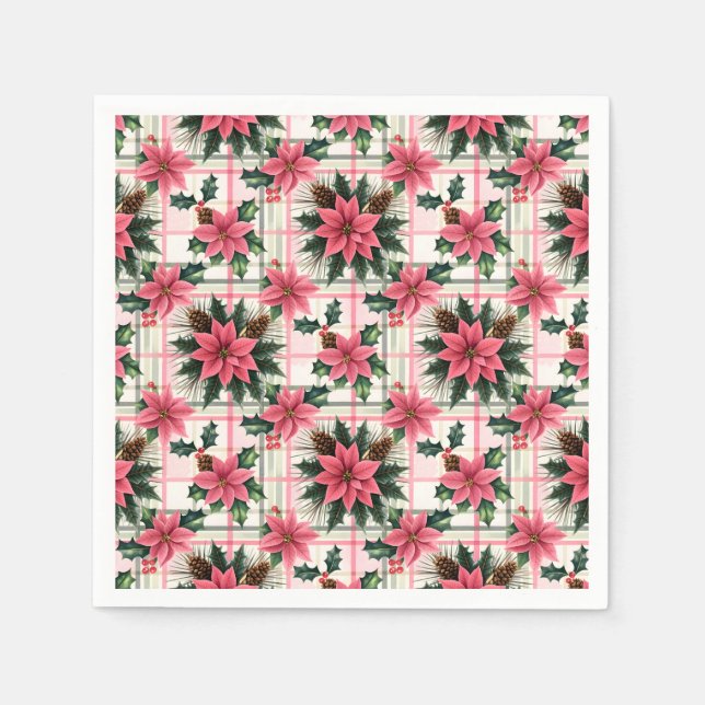 Pink Retro Christmas Floral Plaid Merry Christmas Napkin (Front)