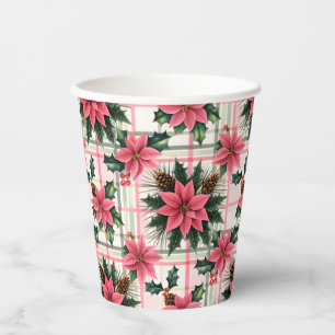 Pink Retro Christmas Floral Plaid Merry Christmas Paper Cups