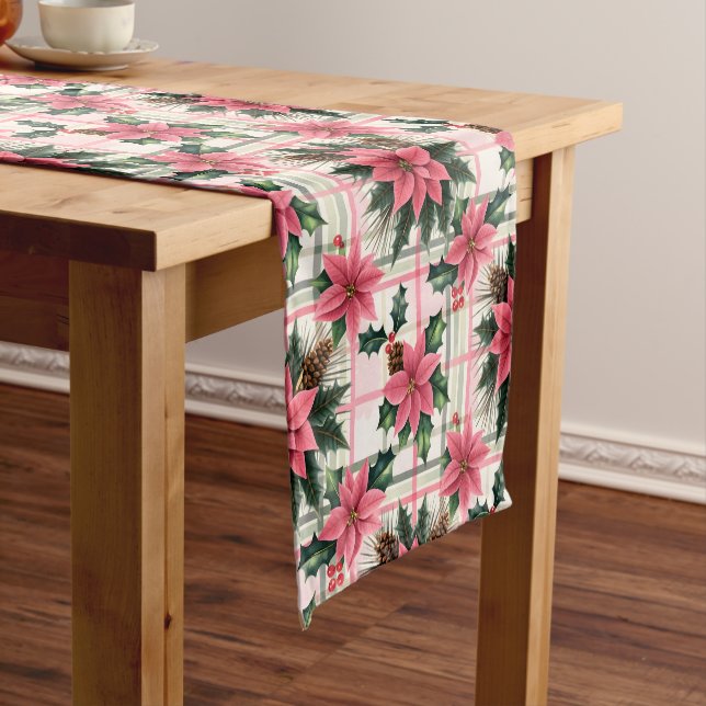 Pink Retro Christmas Floral Plaid Merry Christmas Short Table Runner (In Situ)