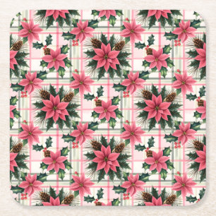 Pink Retro Christmas Floral Plaid Merry Christmas Square Paper Coaster