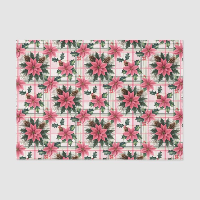 Pink Retro Christmas Floral Plaid Merry Christmas Tissue Paper (Front)