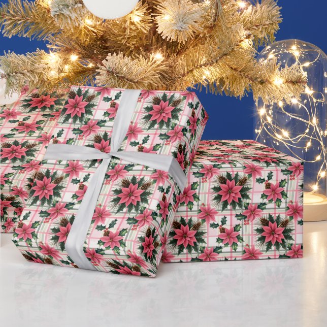Pink Retro Christmas Floral Plaid Merry Christmas Wrapping Paper (Holidays)
