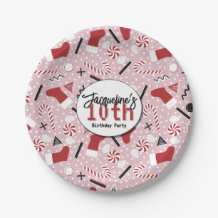Pink Retro Christmas Peppermint Birthday Paper Plate