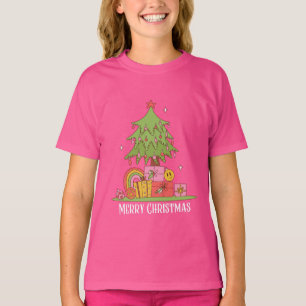 Pink Retro Christmas Tree Girls T-Shirt