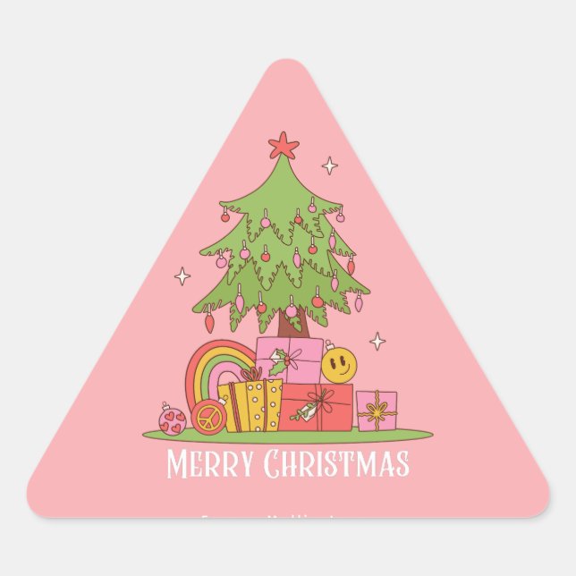 Pink Retro Christmas Tree Triangle Sticker (Front)