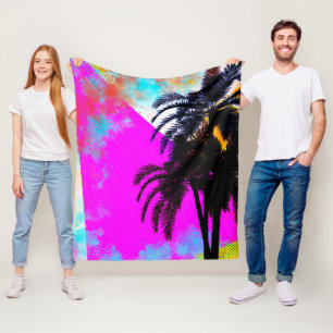 Pink Retro Colourful Summertime Beach Palm Trees Fleece Blanket