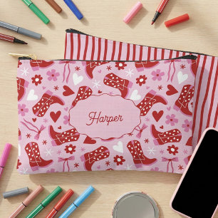 Pink Retro Cowgirl Boots & Bows Personalised Accessory Pouch