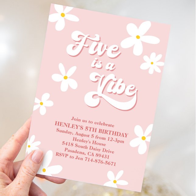 Pink Retro Daisy Five Is A Vibe Birthday  Invitation (Creator Uploaded)
