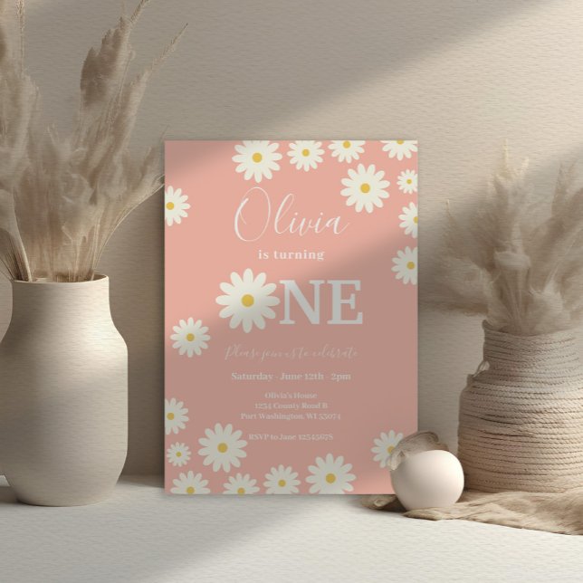 Pink Retro Daisy Floral 1st Birthday Party  Invitation (Creator Uploaded)