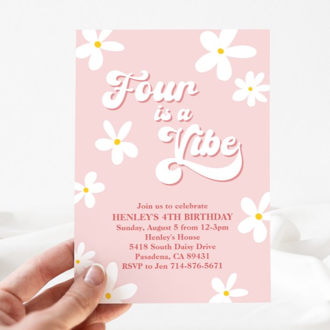 Pink Retro Daisy Four Is A Vibe Birthday  Invitation (Creator Uploaded)
