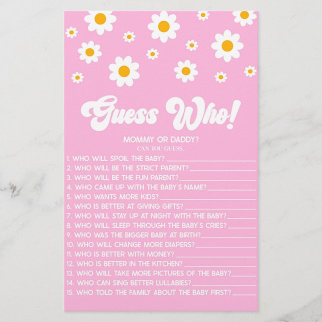 Pink Retro Daisy Guess Who! Baby Shower Game Stationery (Front)