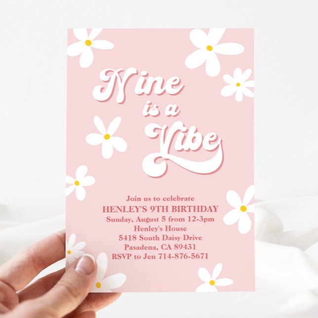 Pink Retro Daisy Nine Is A Vibe Birthday  Invitation (Creator Uploaded)
