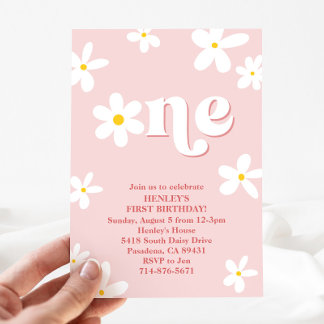 Pink Retro Daisy One 1st Birthday Girl Invitation