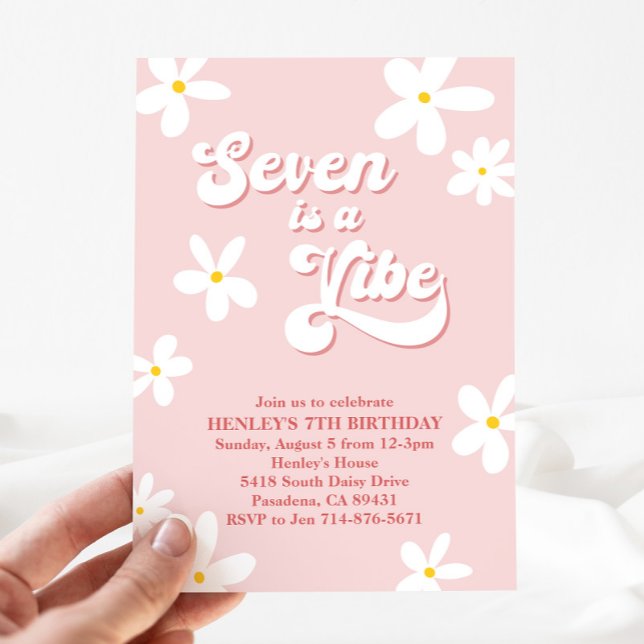 Pink Retro Daisy Seven Is A Vibe Birthday  Invitation (Creator Uploaded)