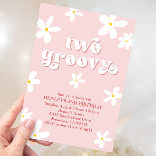 Pink Retro Daisy Two Groovy 2nd Birthday Invitation