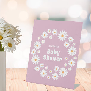 Pink Retro Daisy Wreath Groovy Girl Baby Shower  Pedestal Sign
