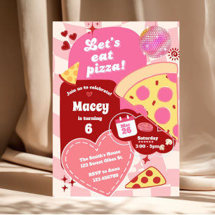 Pink Retro Disco Girl Pizza Party Colourful  Invitation