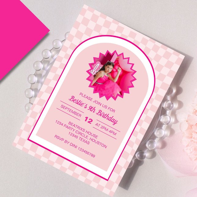 Pink Retro Doll Lets Go Party Birthday Photo Invitation (Creator Uploaded)