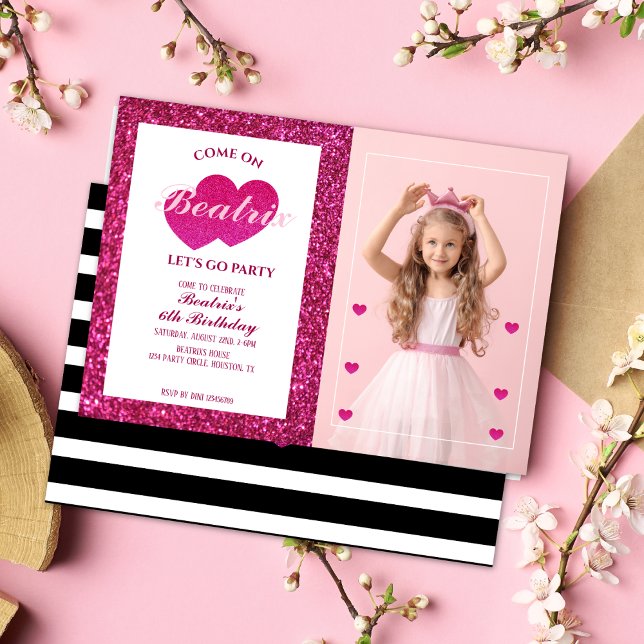 Pink Retro Doll Photo Birthday Invitation (Pink Retro Doll Birthday Party)