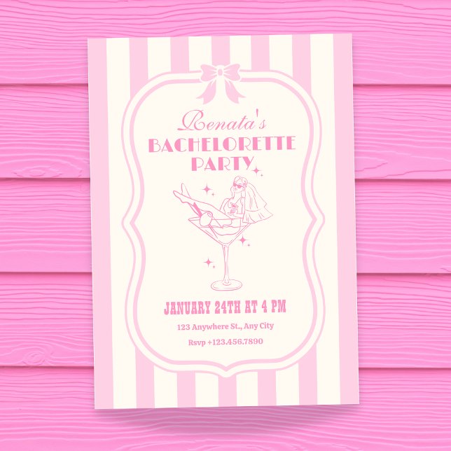 Pink retro feminine coquette bow bachelorette invitation (Creator Uploaded)