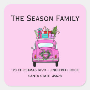 Pink Retro Fiat 500 with Christmas Gifts Square Sticker