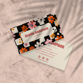 Pink Retro Floral Checkered Business Card