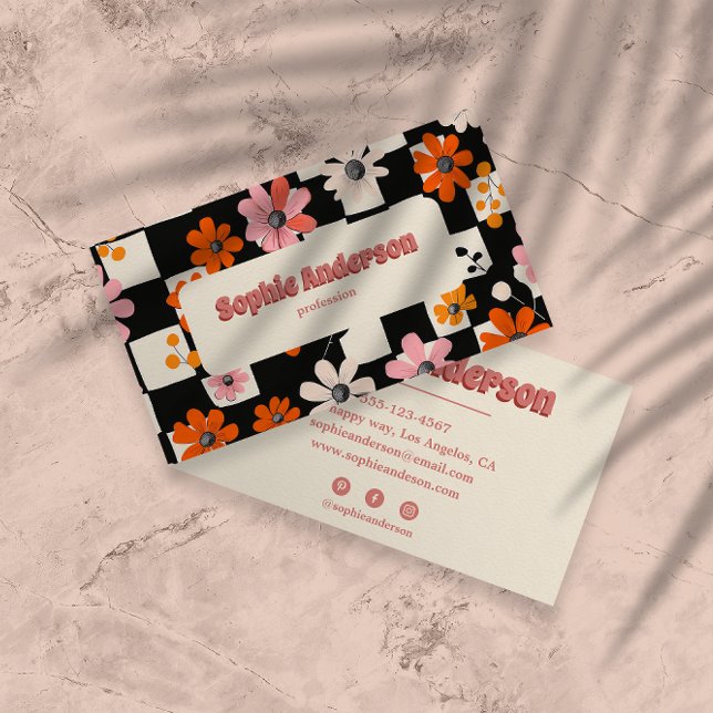 Pink Retro Floral Checkered Business Card (Creator Uploaded)