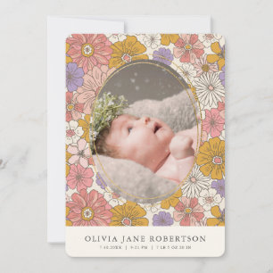 Pink Retro Floral Girl Photo Birth Announcement