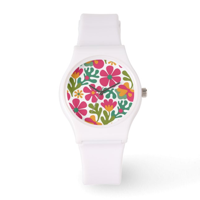 Pink Retro Floral Groovy Pattern Watch (Front)