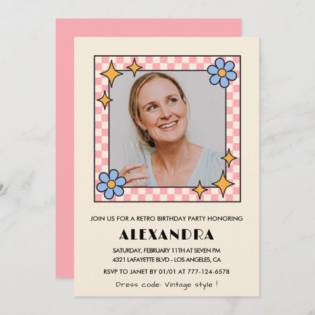 Pink Retro Floral Photo 46th birthday invitation  (Front/Back)