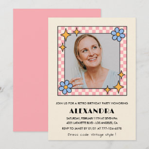 Pink Retro Floral Photo 54th birthday invitation 