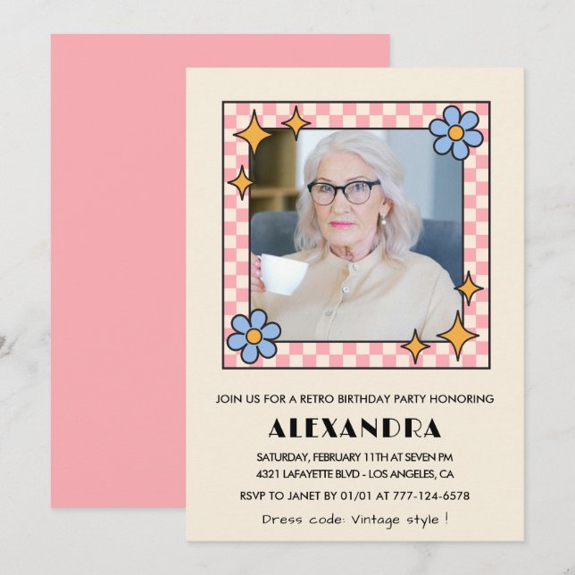 Pink Retro Floral Photo 98th birthday invitation  (Front/Back)