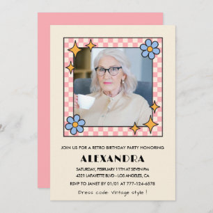 Pink Retro Floral Photo 98th birthday invitation 