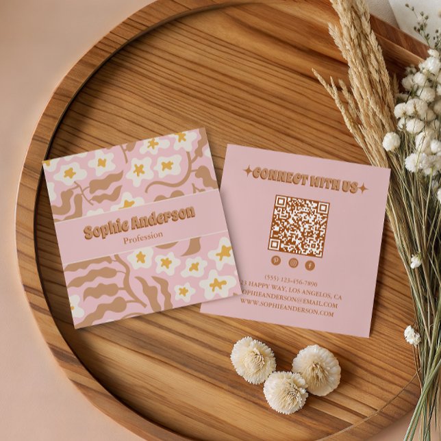 Pink Retro Floral QR Code  Square Business Card (Creator Uploaded)