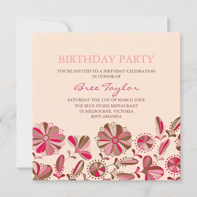 Pink Retro Flower Design Birthday Invitation (Front)