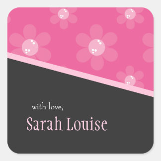 Pink Retro Flowers | Square Gift Stickers