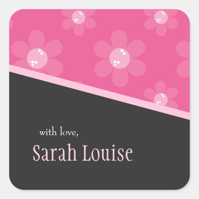Pink Retro Flowers | Square Gift Stickers (Front)