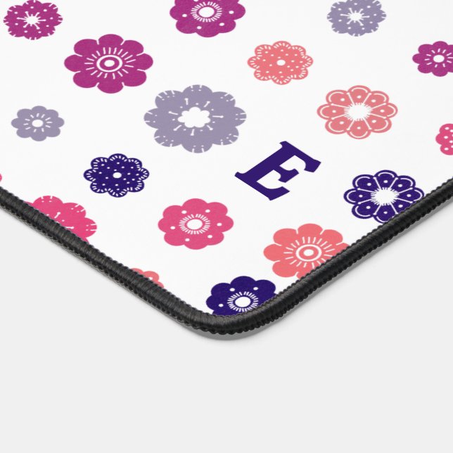 Pink Retro Flowers with Monogram Desk Mat (Corner)