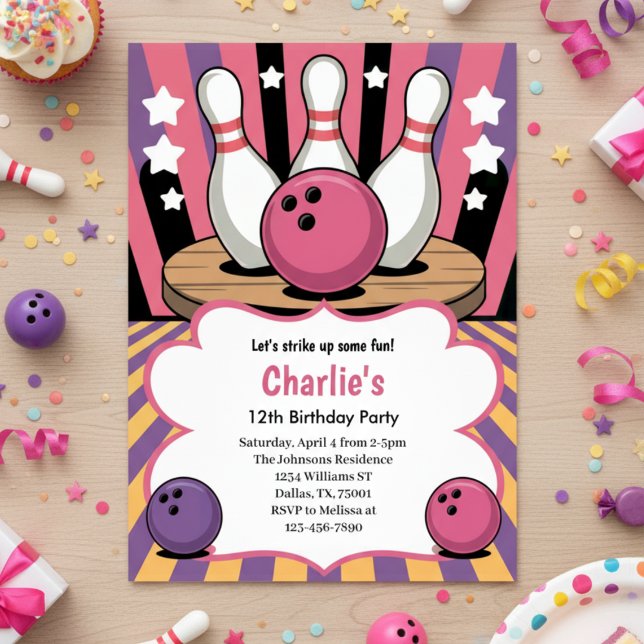 Pink Retro Girls Bowling Birthday Party  Invitation (Creator Uploaded)