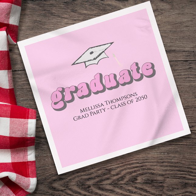 Pink Retro Graduation Party Custom Luncheon Napkin (Pink Graduation retro style luncheon napkin.)