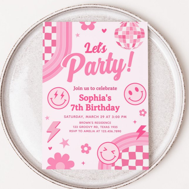 Pink Retro Groovy Birthday Party Invitation (Pink Retro Groovy Let's Party Birthday Party Invitation)